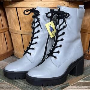 Fly London Tiel642FLY Gray Leather Chunky Heel Platform Combat Boots Women EU 41